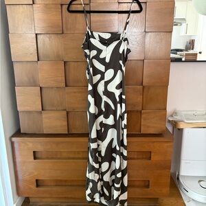 Brown & Cream Abstract Maxi Slip Dress with Spaghetti Straps